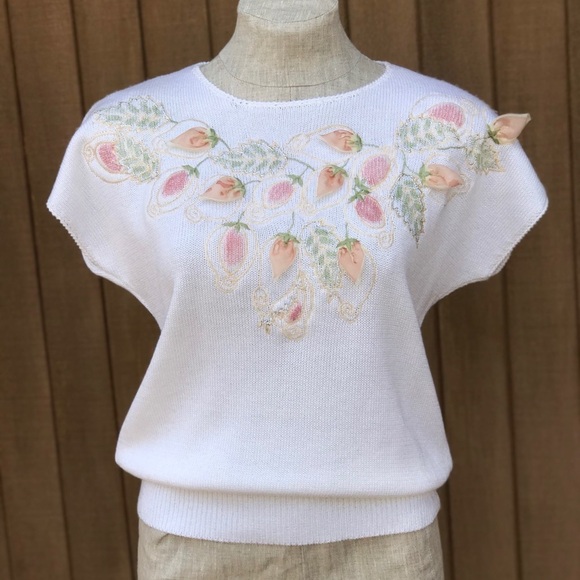 Vintage 70s NEW Womens Short Sleeve Sweater Top Embellished Appliqué Medium - Picture 2 of 8